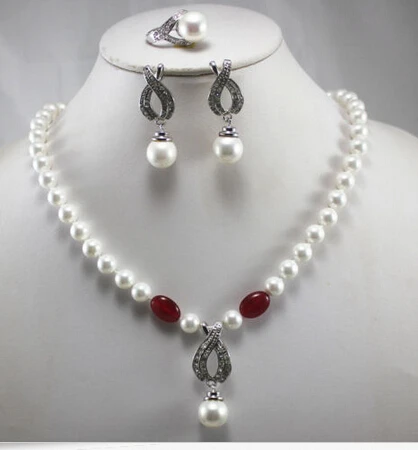 

Free shipping Miss 518 New Design Women'S White Pearl Necklace Earring Ring(7/8/9)Jewelry Set