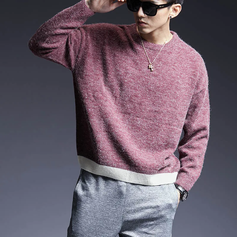 Модный брендовый свитер для мужчин s пуловер сплошной цвет облегающий джемпер вязаный теплый зимний Корейский стиль повседневная мужская одежда - Цвет: Красный