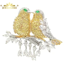 Vintage Short Tassel Drops Yellow Love Bird Brooch Silver Tone Micro Pave CZ Lovely Double Bird Pins Broach Valentine's day Gift fabulous short tassel drops double yellow bird brooches silver tone micro pave cz green eyes two love birds pins for girlfriend