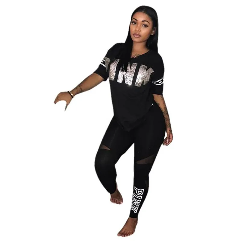 

7 COLORS Fashion sexy women casual letter Pink Print patchwork two pieces suits casual nightclub party tracksuit S3264 S-3XL