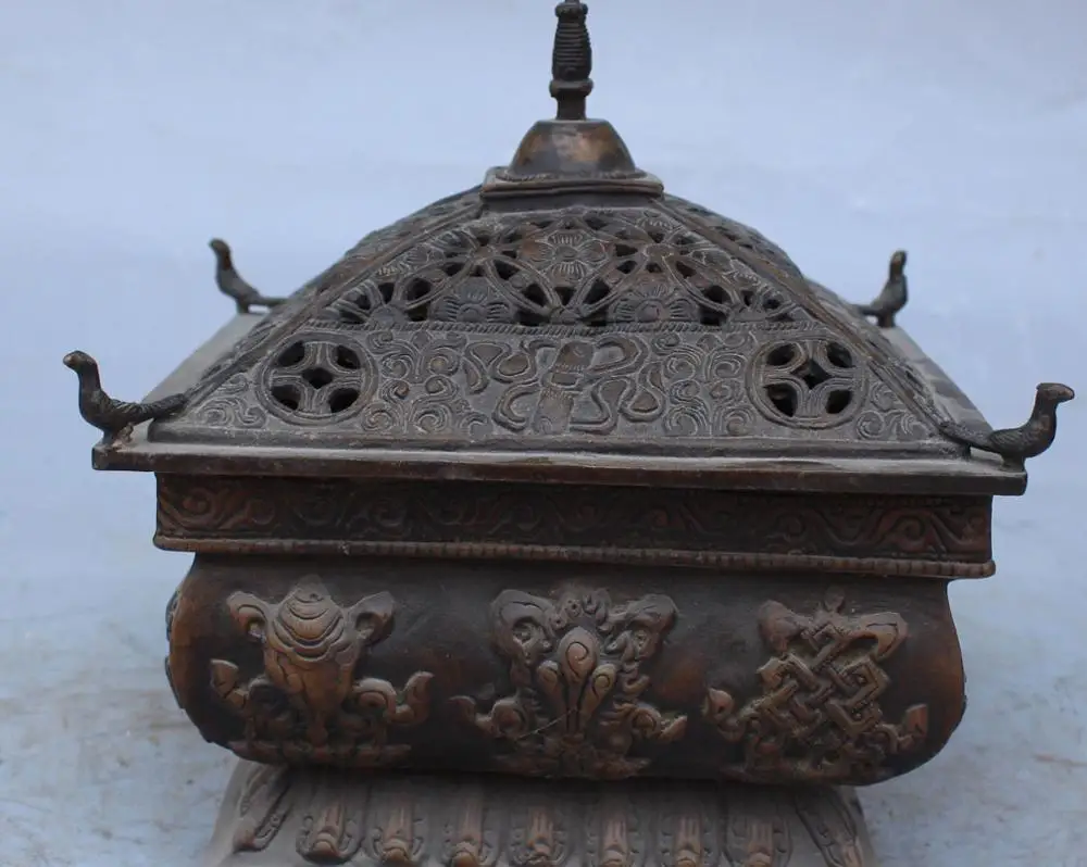 

free shipping 8" Chinese Tibet Bronze 8 Auspicious Symbol Bird Incense Burner Censer Statue