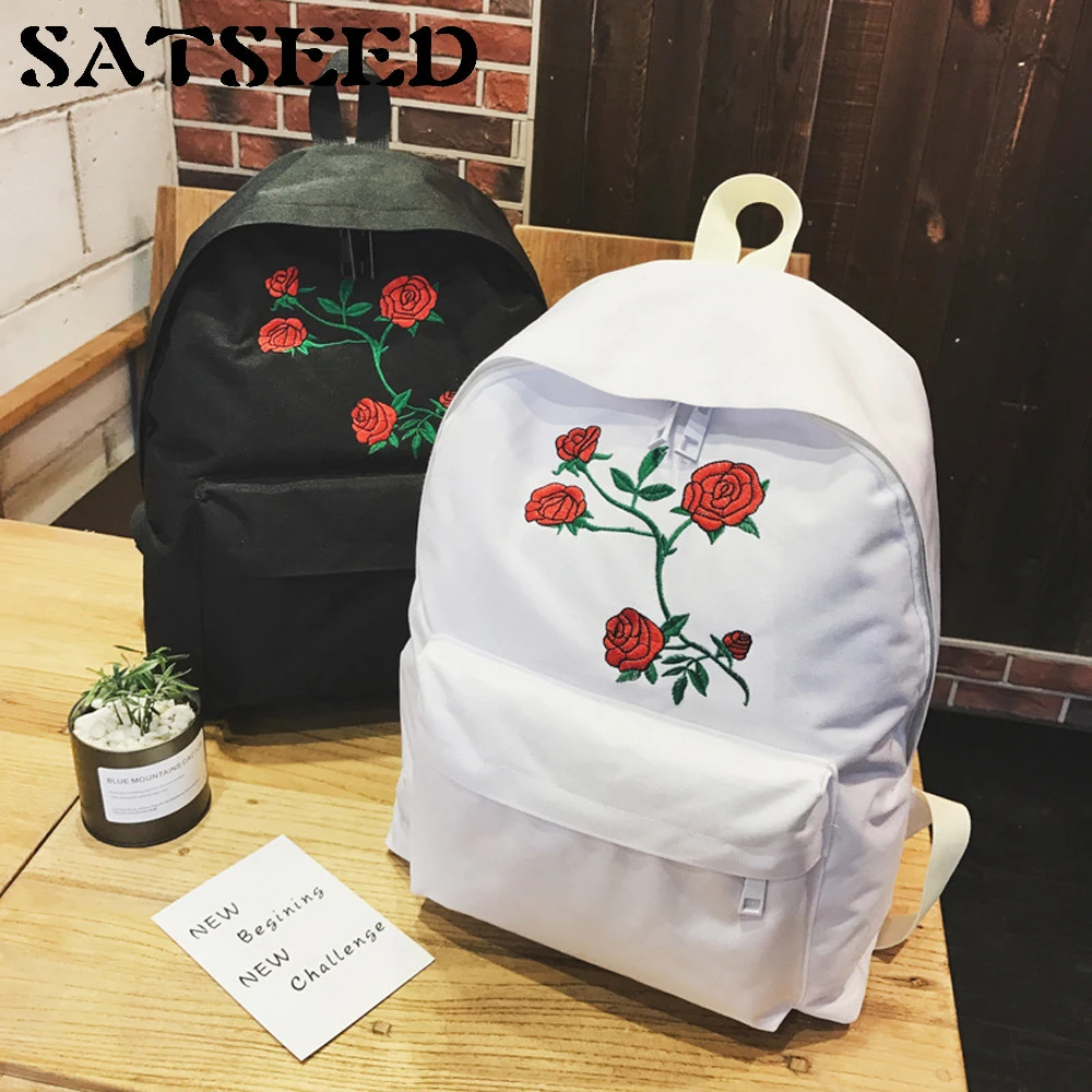 Embroidered Backpack Backpack Korean Retro Rose Flower Canvas Bag High School Girl Backpackin