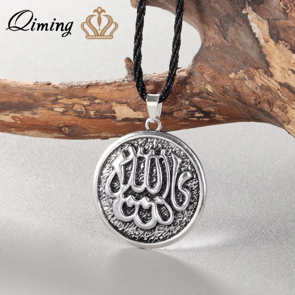 

QIMING Silver Allah Pendant Muslim Necklace Amulet Religious Jewelry Accessories Antique Round Arabic Letter Woman Necklaces Men