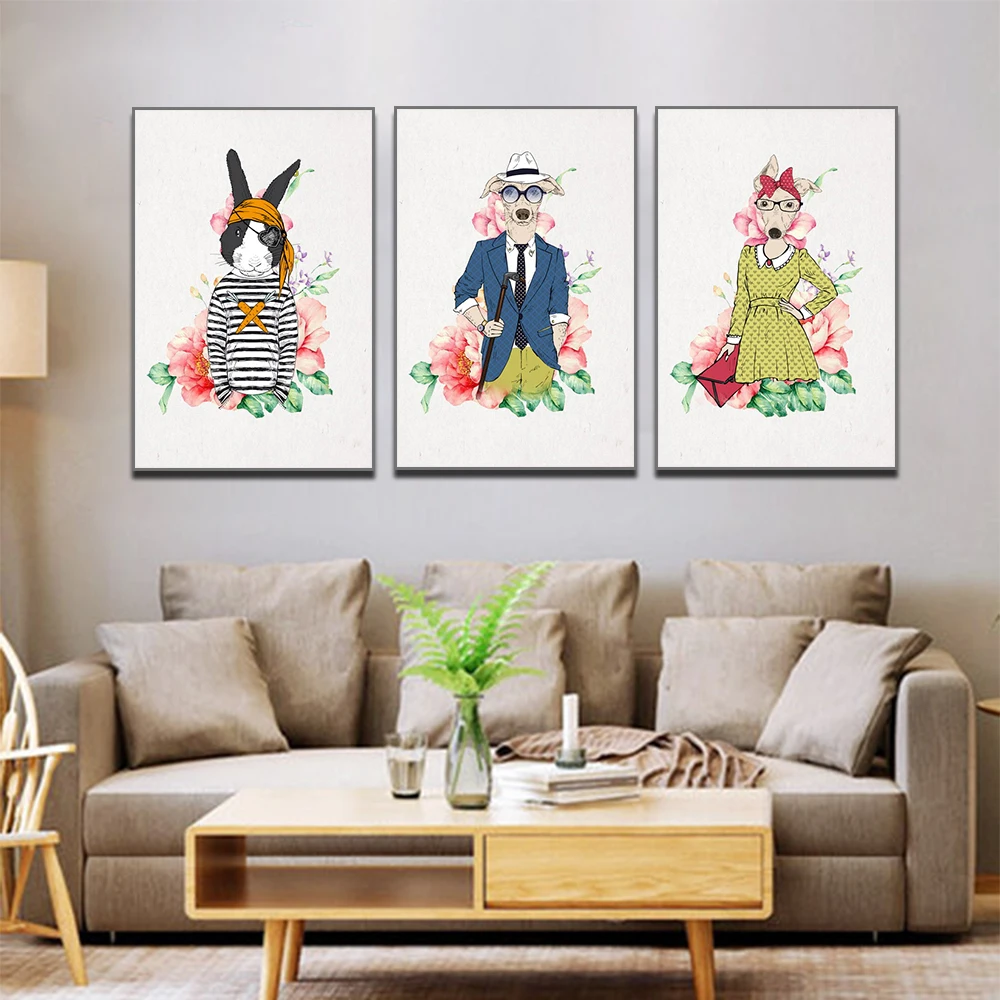

Canvas Prints Creative Art Cartoon Animal Decorative Art Painting Dog And Rabbit Printed For Living Room Mural