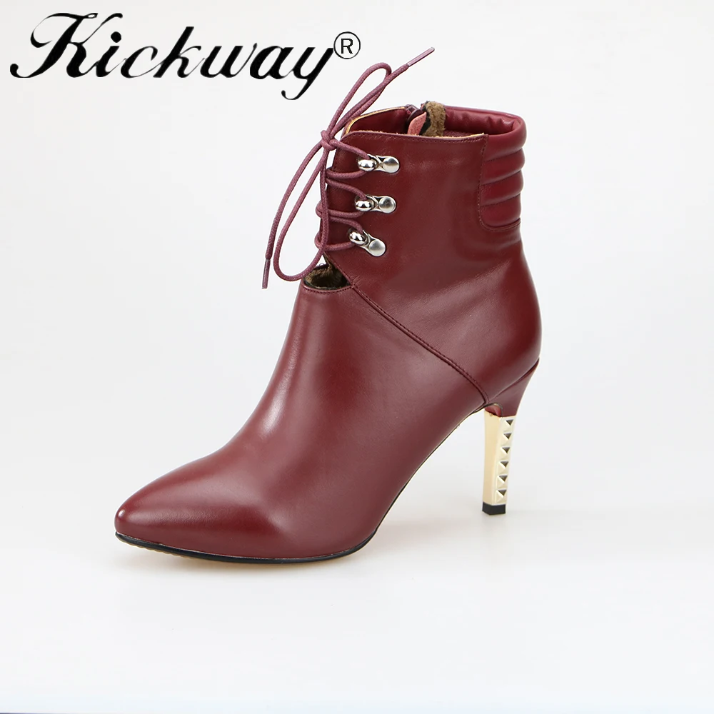 

Kickway Black Ankle Boots Women High Heels Pointed Toe Sexy Snow Boots Woman Shoes Rivets Winter Women Boots Botas Mujer