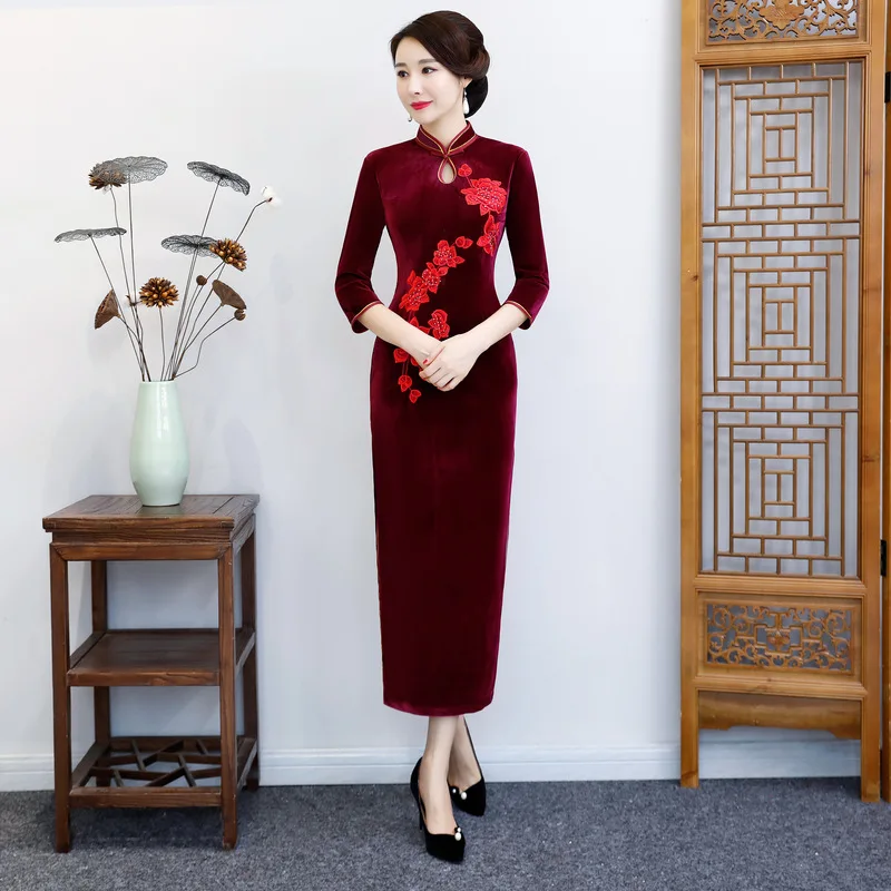 Новое поступление китайский для женщин элегантный подиум вышивка велюр леди Qipao платье Cheongsam сексуальное костюмы L, XL, XXL 3XL 4XL