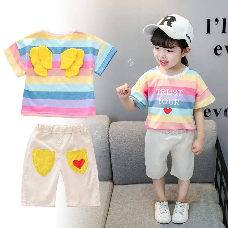 Summer Toddler Cotton Clothing Sets Baby Girls Fashion Clothes Children Rainbow Wings T-Shirt Shorts 2Pcs/Sets Kids Costume