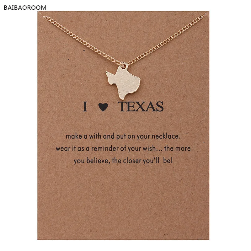 Fashion Love Gold Plated Reminders I Heart Texas Pendant Necklace Women Jewelry