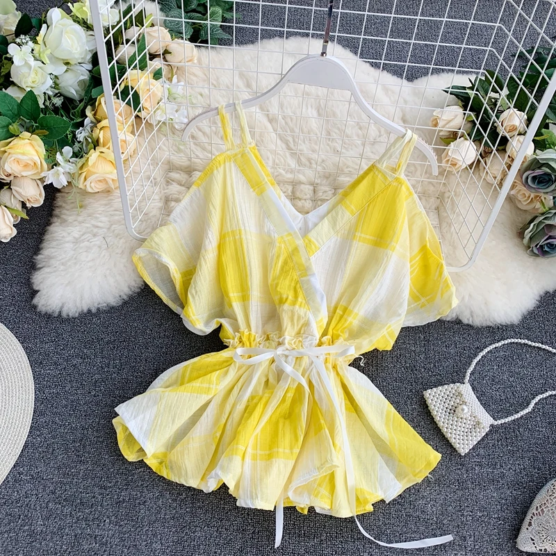 

Sweet Plaid Chiffon Tops Female Casual Beach Style Bat Sleeves Top Fashion V-neck High Waist Summer Ruffles Tops And Blouses