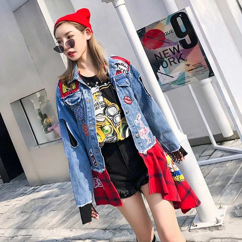 

SexeMara fashion The New badge Patch Hole lattice splice irregular Denim jacket free shipping