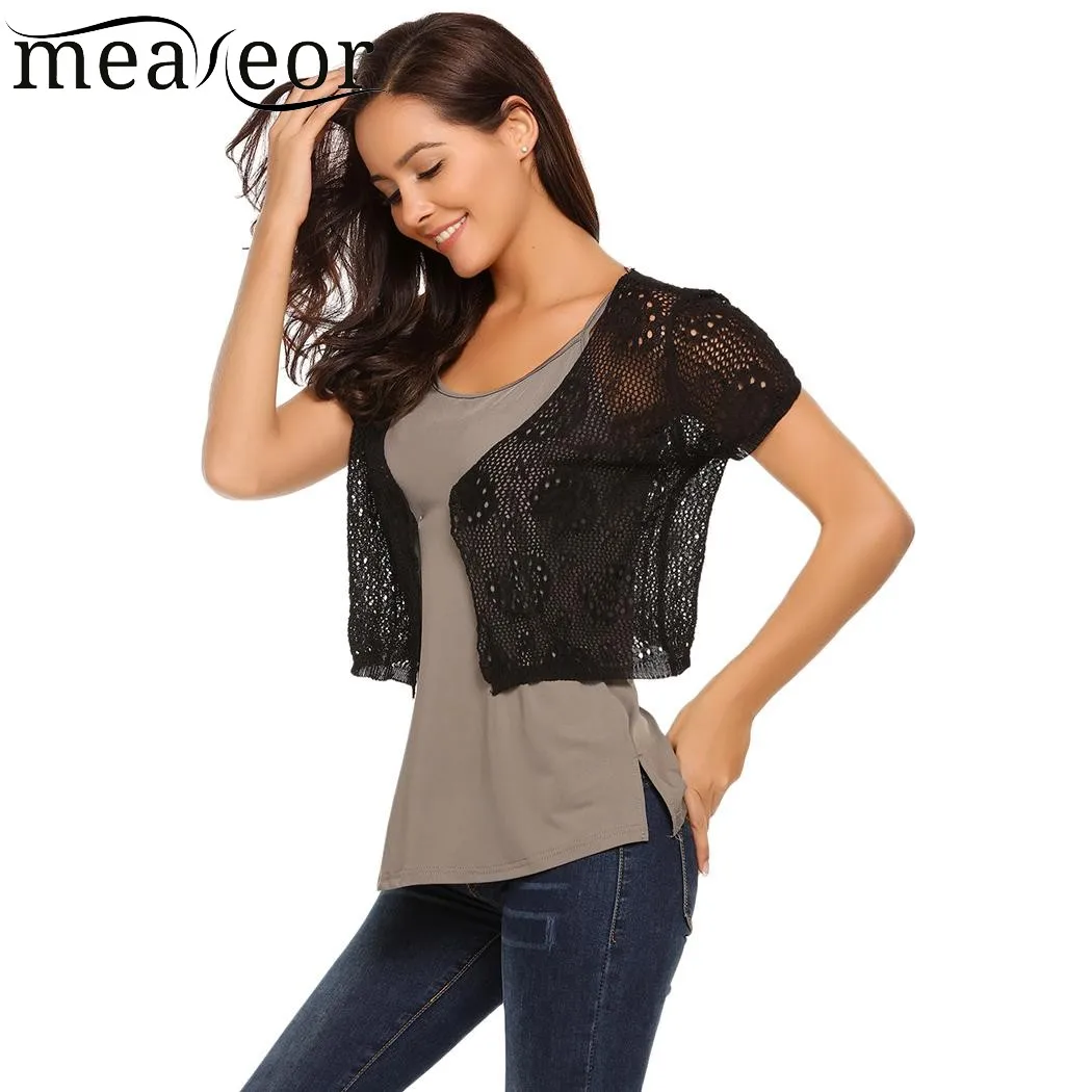 Meaneor Floral Hollow Out Short Cardigans Shrug Front Open Short Women