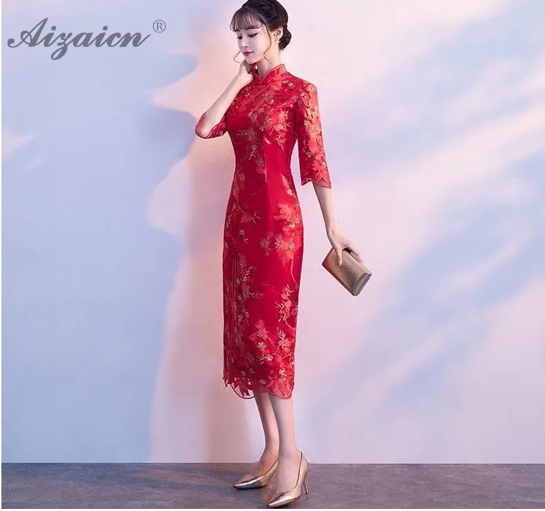 Мода невесты вышивка Cheongsam Красная цена платья Современный оригинальный Femme длинное вечернее Qi Pao китайское свадебное платье халат Ципао