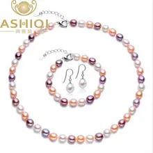 ASHIQI жемчужные комплекты ювелирных изделий 7-8 мм Мульти рис натуральный пресноводный жемчуг ожерелье браслет серьги 925 серебро ювелирные изделия