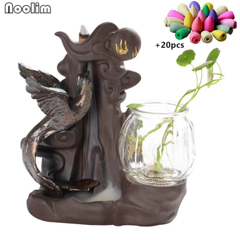 

Purple Clay Little Monk Lotus Backflow Incense Burner Creative Phoenix Shape LED Lights Incense Censer Home Decor + 20pcs Cones