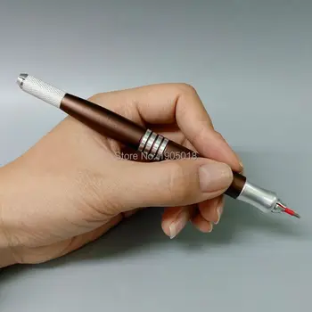 

Top quality 10pcs brown eyebrow tattoo manual pen semi permanent doubld head pen microblade shading pens free 20pcs needles