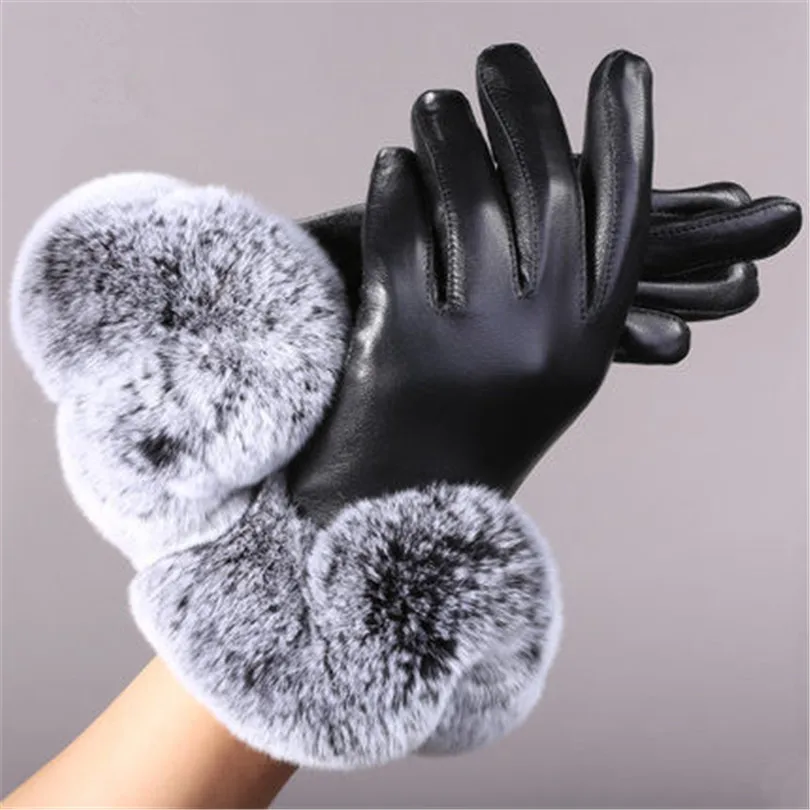 Women's Genuine Leather Gloves Black Classic Sheepskin Finger Glove