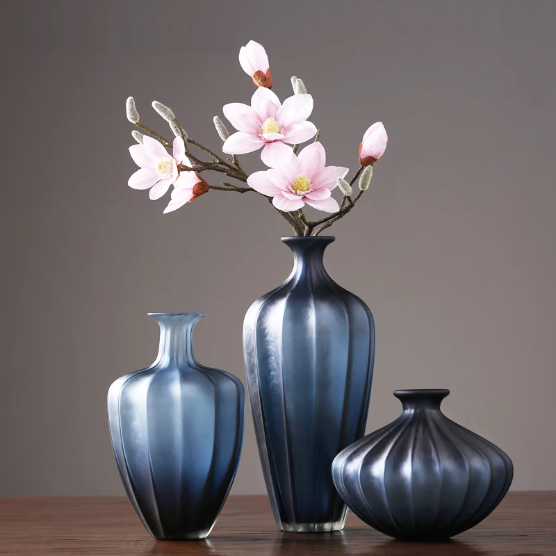 

High quality blue glass vase stripes flower vase terrarium glass containers jarrones decorativos moderno vases home decoration