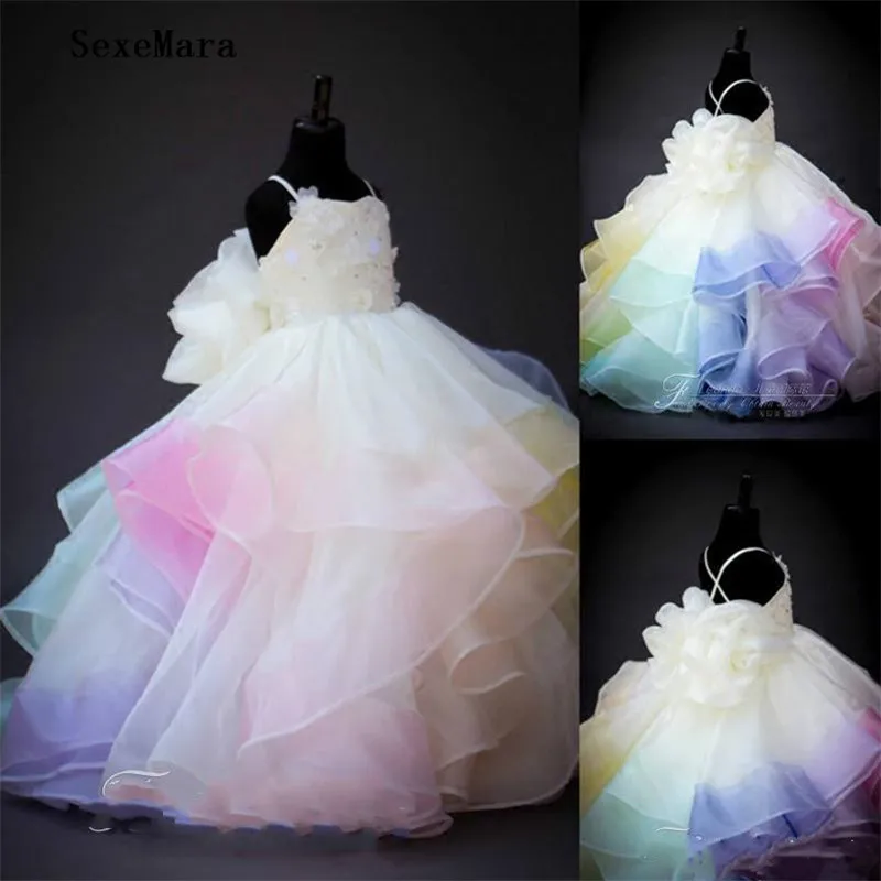 

Rainbow Flower Girl Dresses Lace 3D Floral Applique Beaded Tiered First Birthday Dress Prom Gowns Party Evening Wear for girls