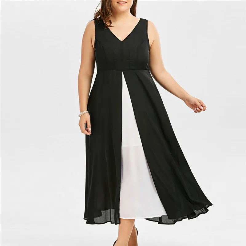 

2019 plus size dress Women V-Neck Sleeveless Black White Patchwork mid-calf Dress elegant fashion beach dress vestidos XL-5XL