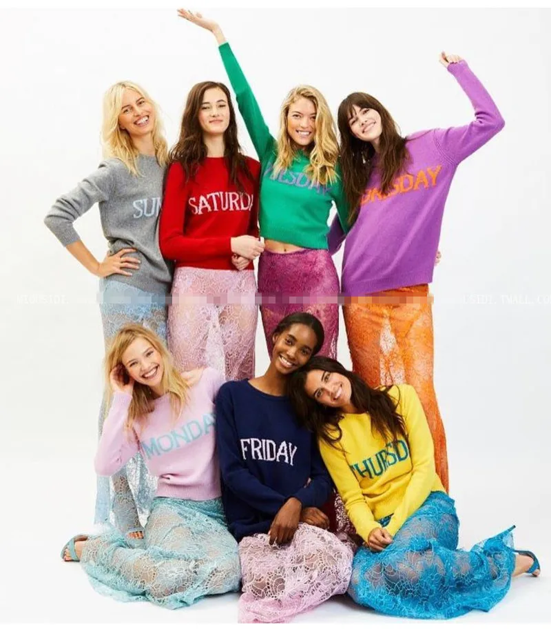 

2018 Winter Runway Cashmere Sweater Women Knitting Jumper Monday Tuesday Wednesday Rainbow Week Female Pullover Tops Clothing