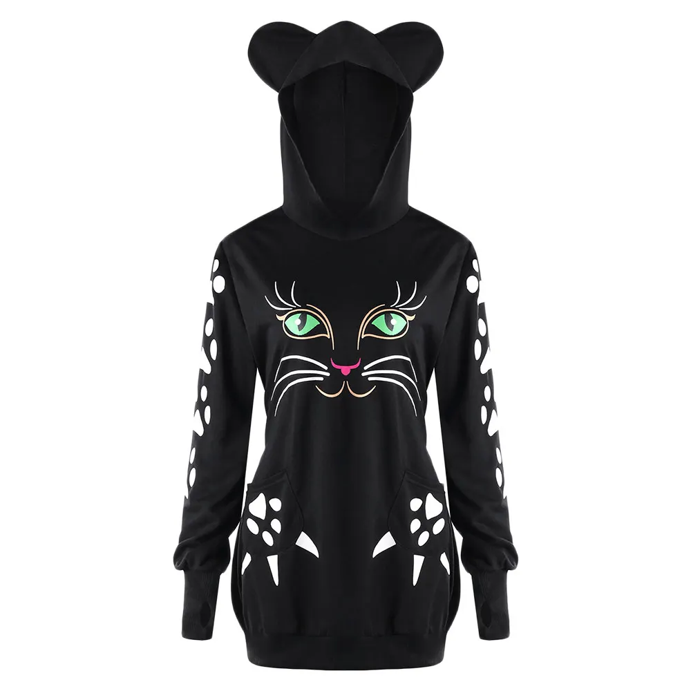 LANGSTAR Spring Plus Size Cat Hoodie With Ears Women Sweatshirt Kawaii