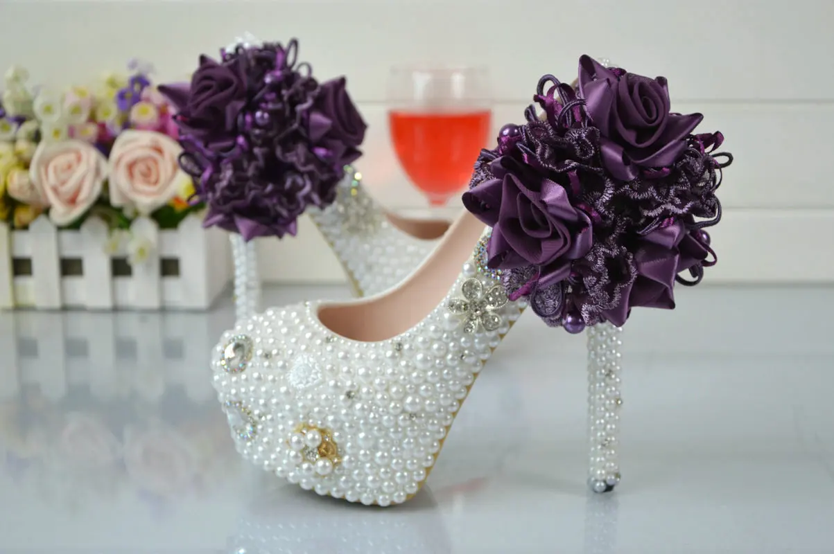 Purple Lace Flower Handmade White High Heeled Shoes Waterproof