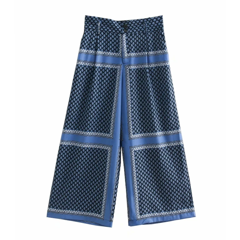

2019 Women vintage position print panelled wide leg pants retro spliced Trousers Leisure ladies chic ankle length Pants P272