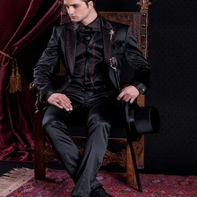 Новые черные и красные мужские вечерние костюмы с вышивкой жениха смокинги друзей жениха свадебный Блейзер Костюмы(пиджак+ брюки+ жилет