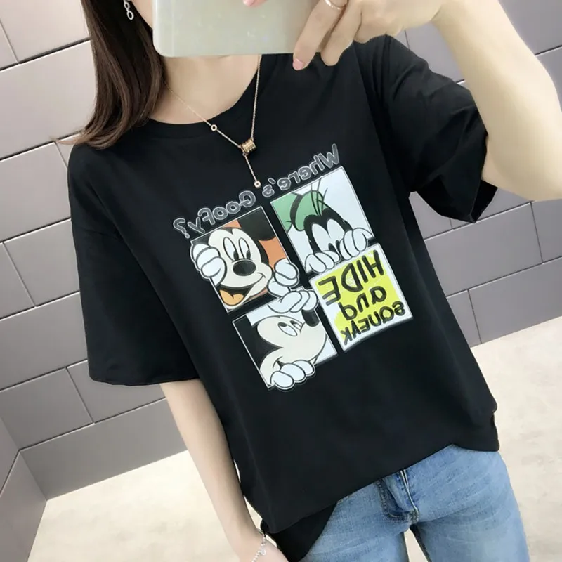 

2019 Summer Women's Casual New Style Elegant Classic Fashion Design Round Neck Cartoon Print Short Sleeve Loose Pullover T-Shirt