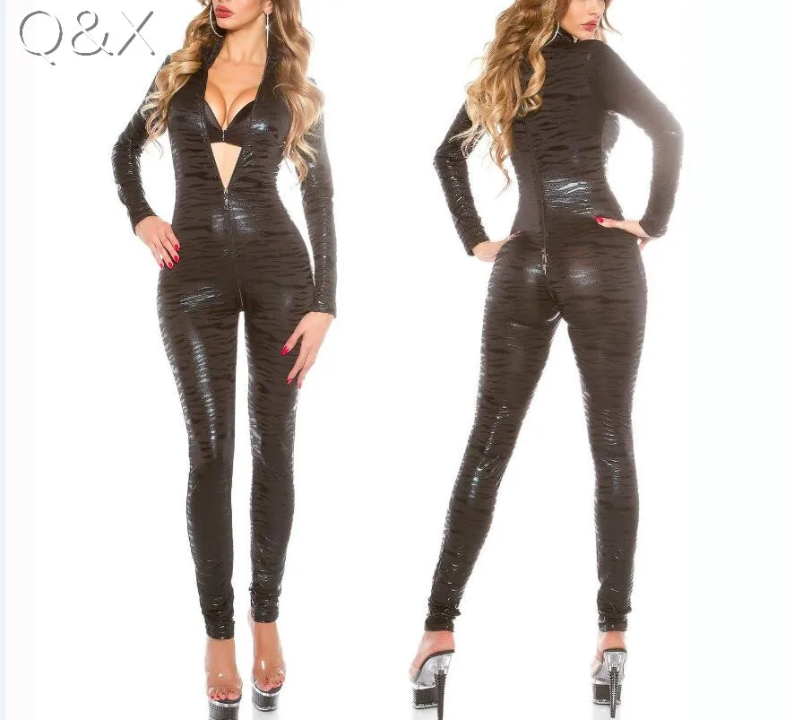 

XX85 2017 Sexy Women Faux Leather Leopard Erotic Latex Front To Back Zipper Jumpsuit PVC Bodysuit Night Club Dance Teddies