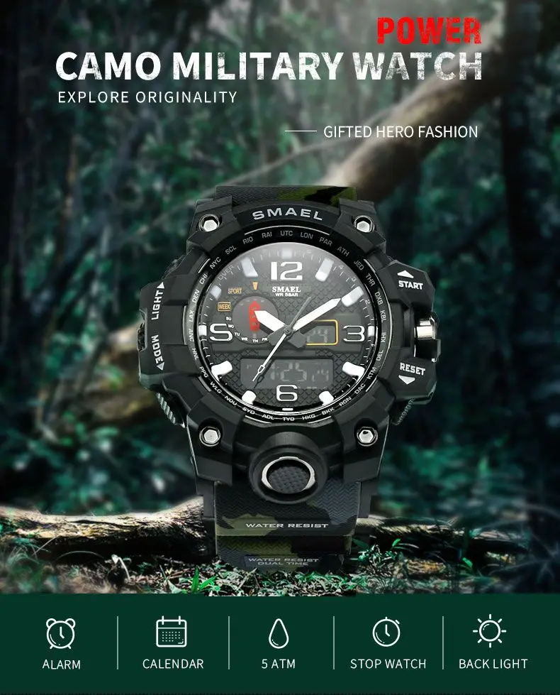 SMAEL Роскошные брендовые военные спортивные часы для мужчин s камуфляж PU ремни двойной дисплей светодиодный часы для мужчин модные повседневные для дайвинга 50 м xfcs