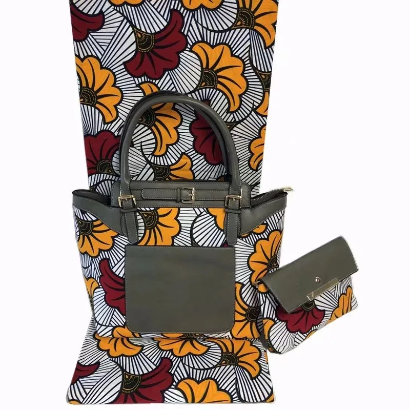 

Fashion woman wax handbag set and 6 yards African cotton wax fabric.high quality african wax bags 3 pieces/set for party YBG1086