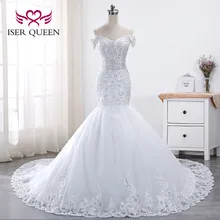 Чисто белое кружевное свадебное платье стиль русалки вышитый бисером короткий рукав вышивка юбка Русалка больших размеров свадебное платье es WX0014