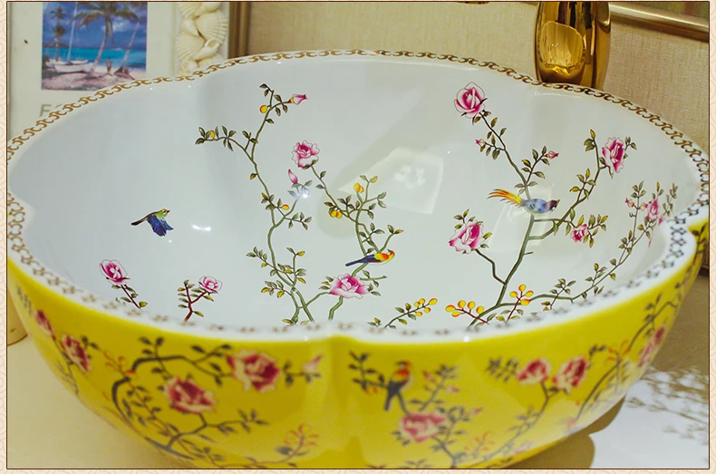 Yellow and white Jingdezhen ceramic sink wash basin Ceramic Counter Top Wash Basin Bathroom Sinks wash basins flower and bird (3)