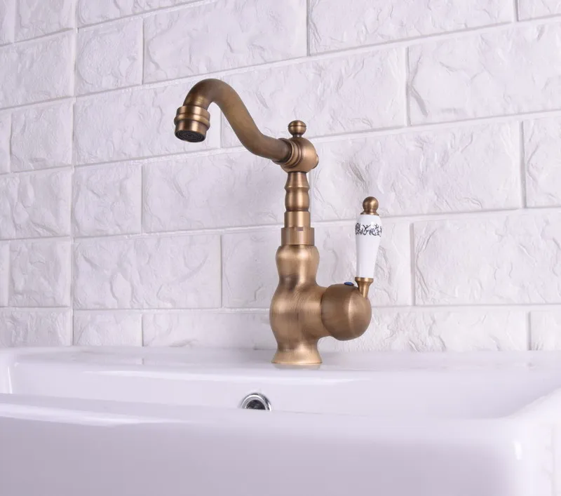 Vintage Antique Brass Single Ceramic Lever Handle Swivel Spout Bathroom Basin Kitchen Sink Faucet Cold & Hot Mixer Tap asf120