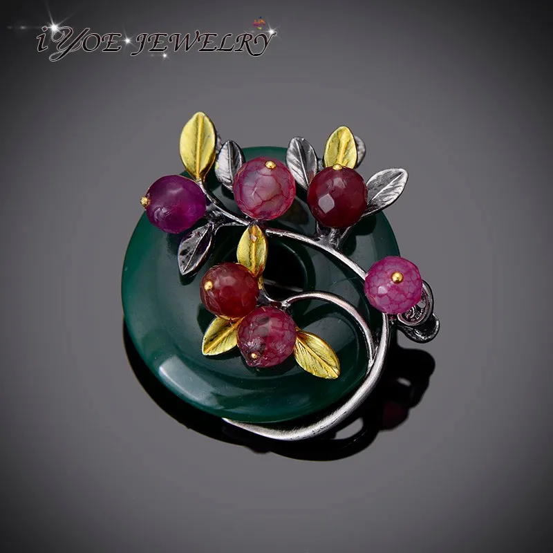 

IYOE Trendy Multicolor Natural Stone Tree Brooches For Women Round Coin Brooch Safety Pins New Fashion Vintage Jewelry