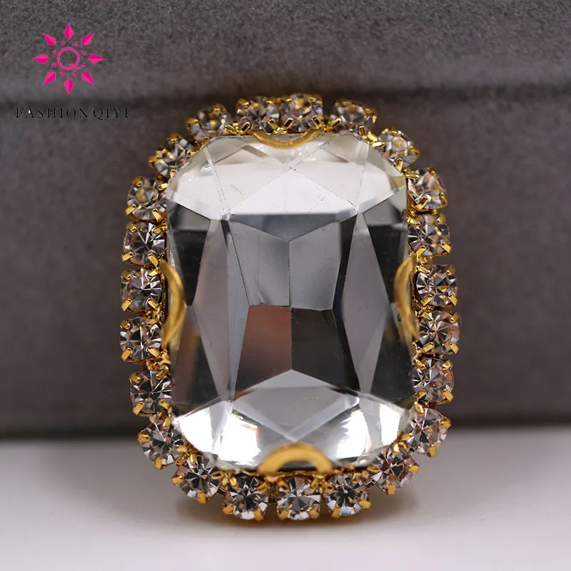 

Free shipping Gold base Rectangular octagonal shape Clear White sew on rhinestones glass Crystal button DIY clothing accessories