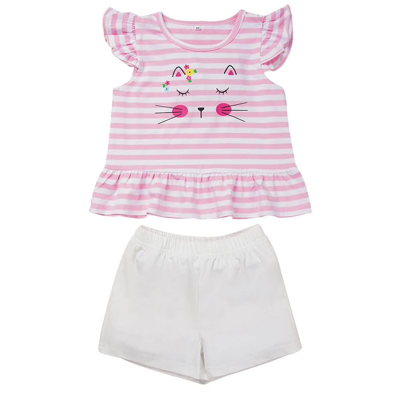 

Cute summer clothes girl Infant Newborn Baby Girls Cotton cat Print Tops short Outfits Kids Clothing Set 0-2Y D30