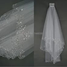 Реальное изображение Романтический Очаровательное белое/цвета слоновой кости bead edge двух-Слои мягкий тюль Свадебные аксессуары Свадебные вуали с гребешком