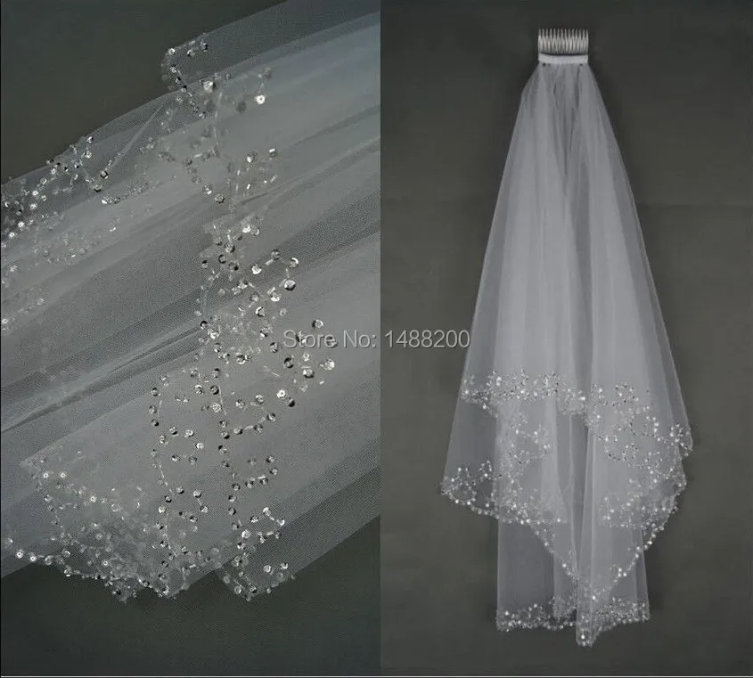 

Free Shipping Real Image Romantic Charming White/Ivory Bead Edge Two-Layer Soft Tulle Wedding Accessory Bridal Veils with comb