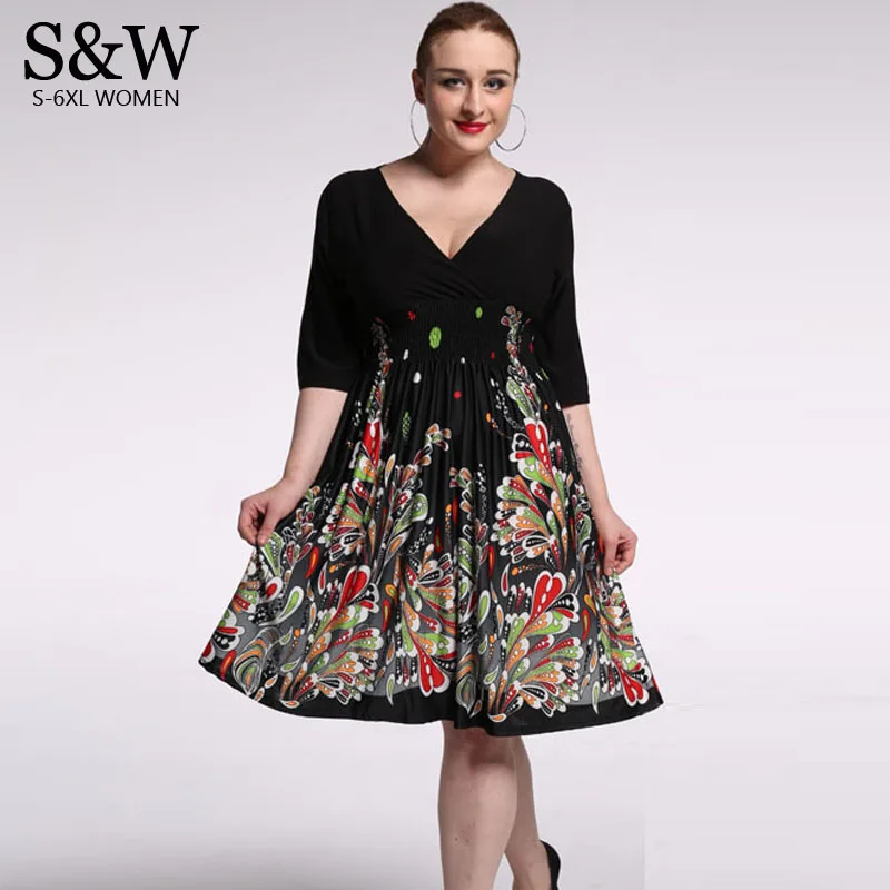 

Plus Size XXXL 4XL 5XL 6XL 7XL Summer Women V-neck Froral Black Dresses Casual Beach Dress