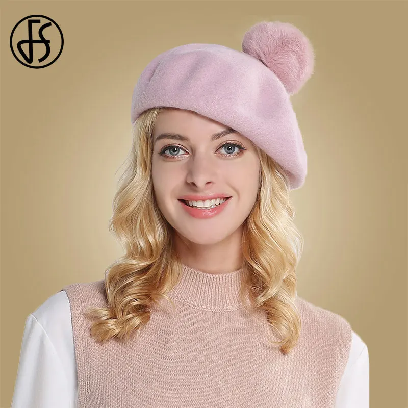 

FS Lady Winter Berets Hat With Pompom Pink Painter Hat Women Wool Vintage Berets Caps Solid Color Female Bonnet Warm Flat Cap