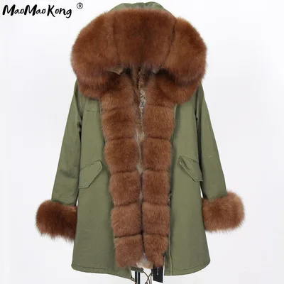 MAOMAOKONG Новая женская зимняя длинная куртка теплая Мода Воротник из лисьего меха с роскошной подкладка из кроличьего меха Рекс парка пальто - Цвет: Colour 6