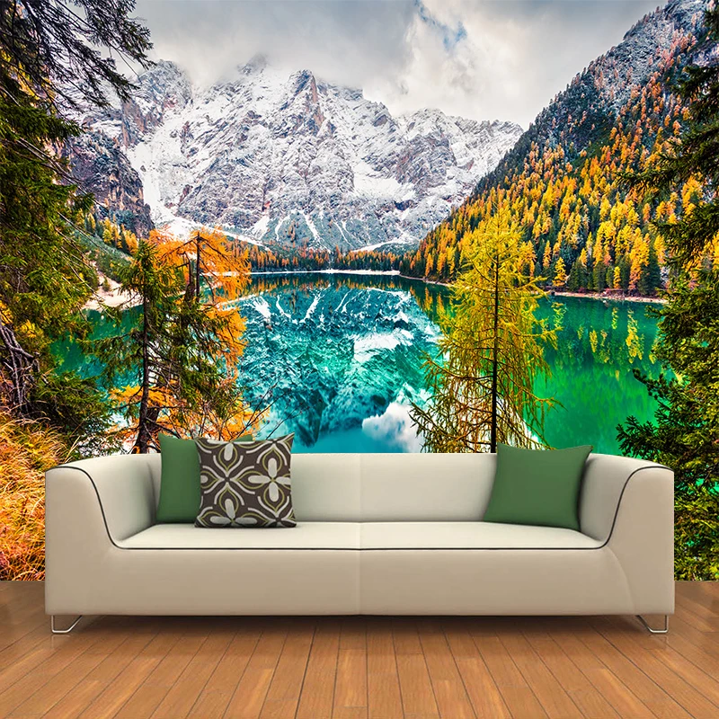 

Custom any size 3D wall mural wallpapers Modern fashion Rolling Snow mountains, pine trees, lakes Wall sticker YBZ073