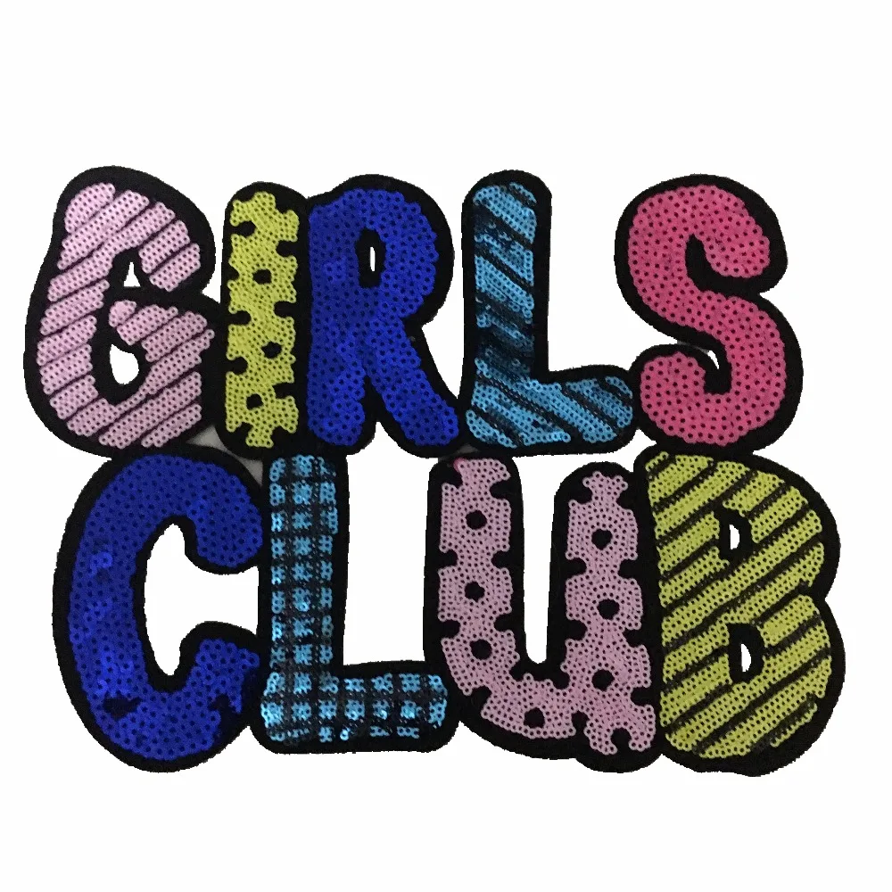 2PCS/lot Large Sequins GIRLS CLUB Patches Sewing on Beaded Cloth Patches DIY Clothes Scraf Bags Decorated Letters Sequined Patch
