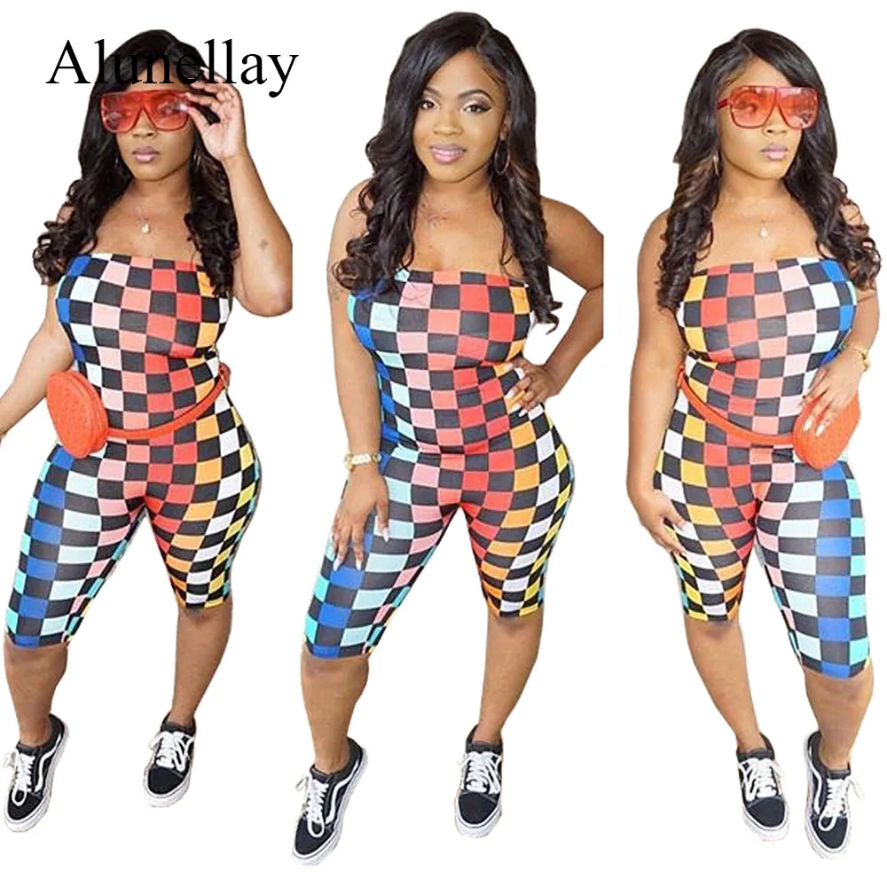 Alunellay Sexy Club Bodycon Strapless Playsuit Women Multicolor Plaid Short Rompers Jumpsuit Sleeveless Backless Playsuits Women
