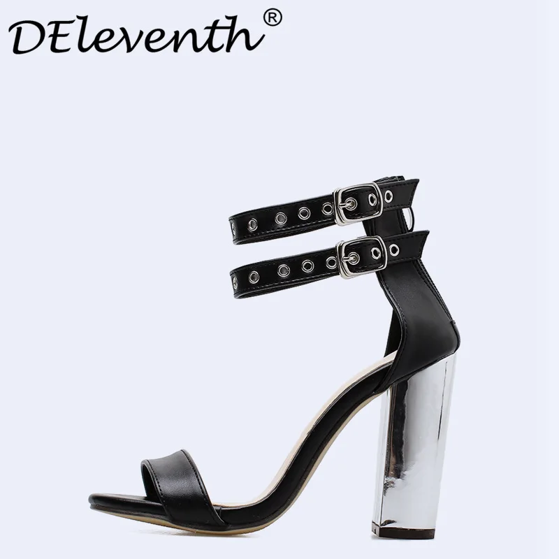 

DEleventh Leather Women Summer Sandals Thick High Heels Ladies Shoes Rivet Zipper Fashion Platform Sandals For Women White Black