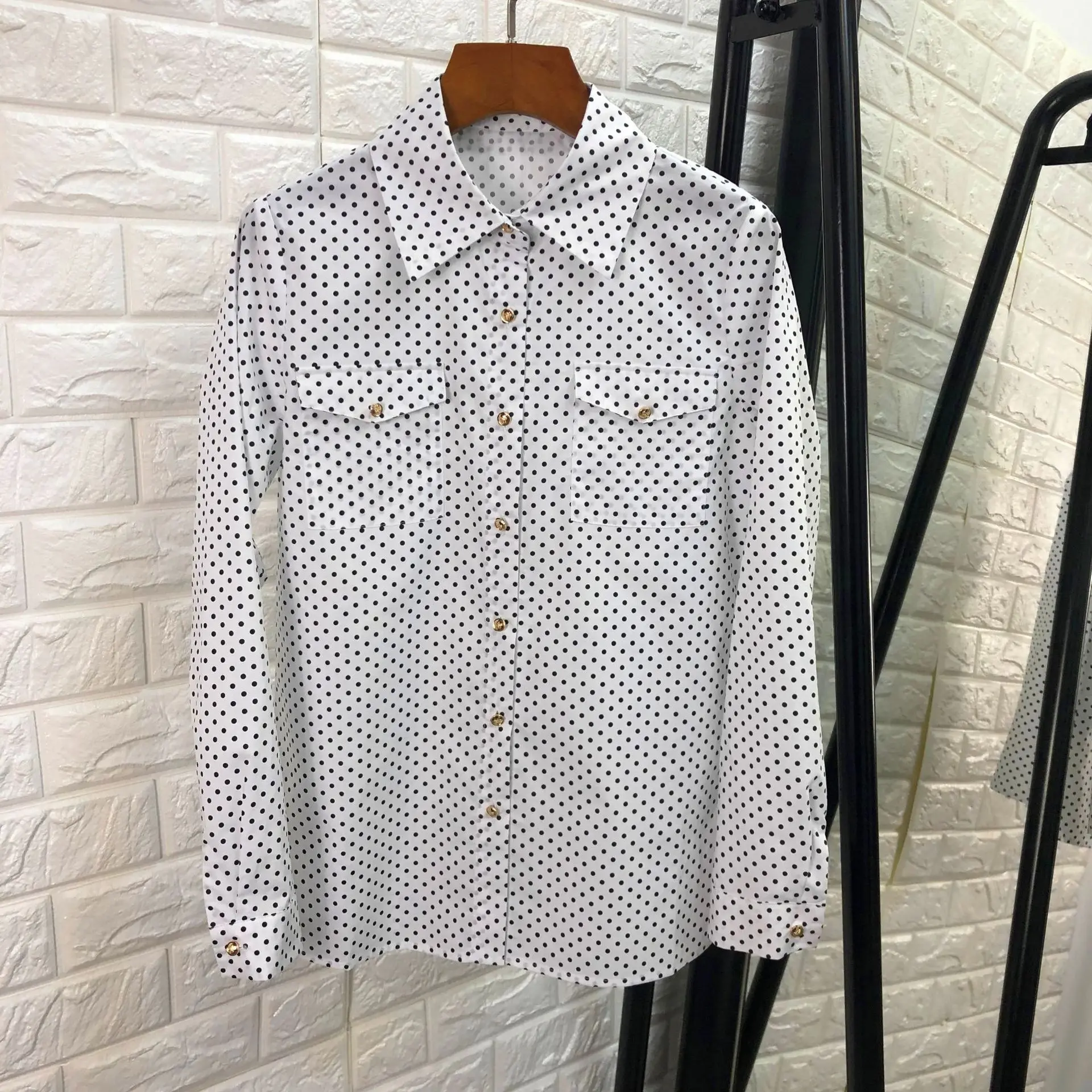 black white polka dot shirt