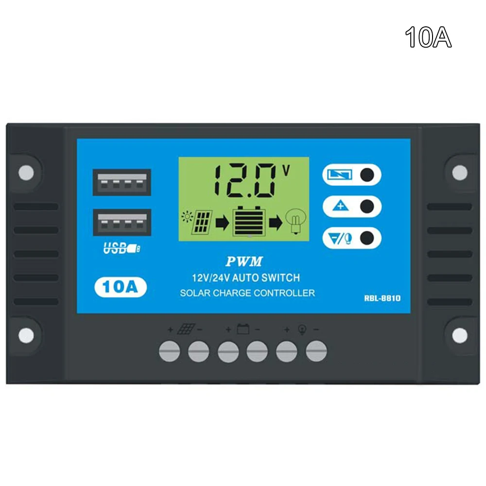 

12V/24V10A Auto Solar Charge Controller Pwm Controllers Lcd Dual Usb 3v Output Solar Panel Pv Regulator