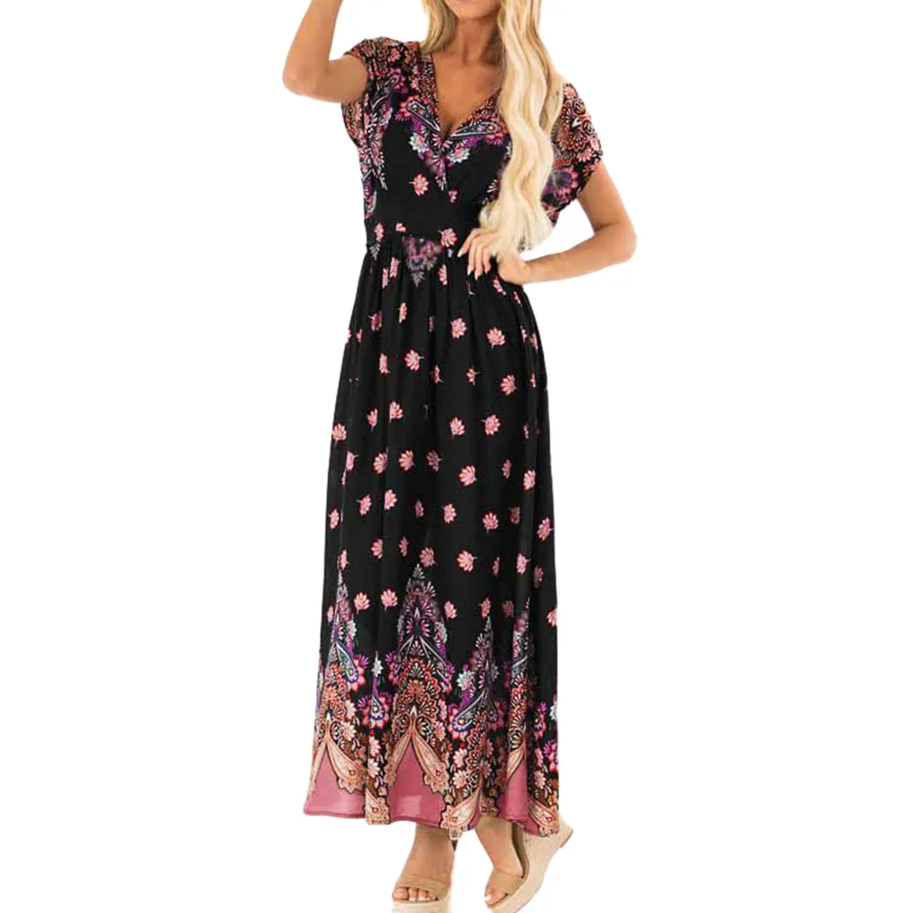 

KLV 2019 Summer Womens latest fashion V Neck Printed Beach Long Dresses Bohemian Dress free shipping D4